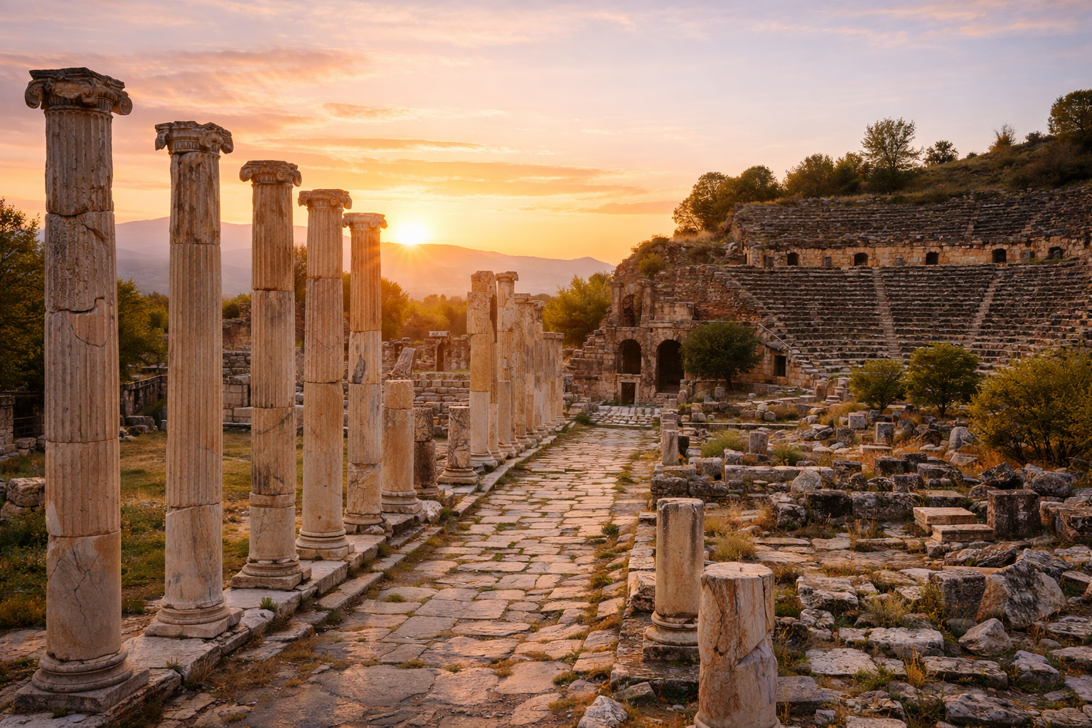 Aydın Sultanhisar Nysa Antik Kenti tiyatro ve sütun kalıntıları