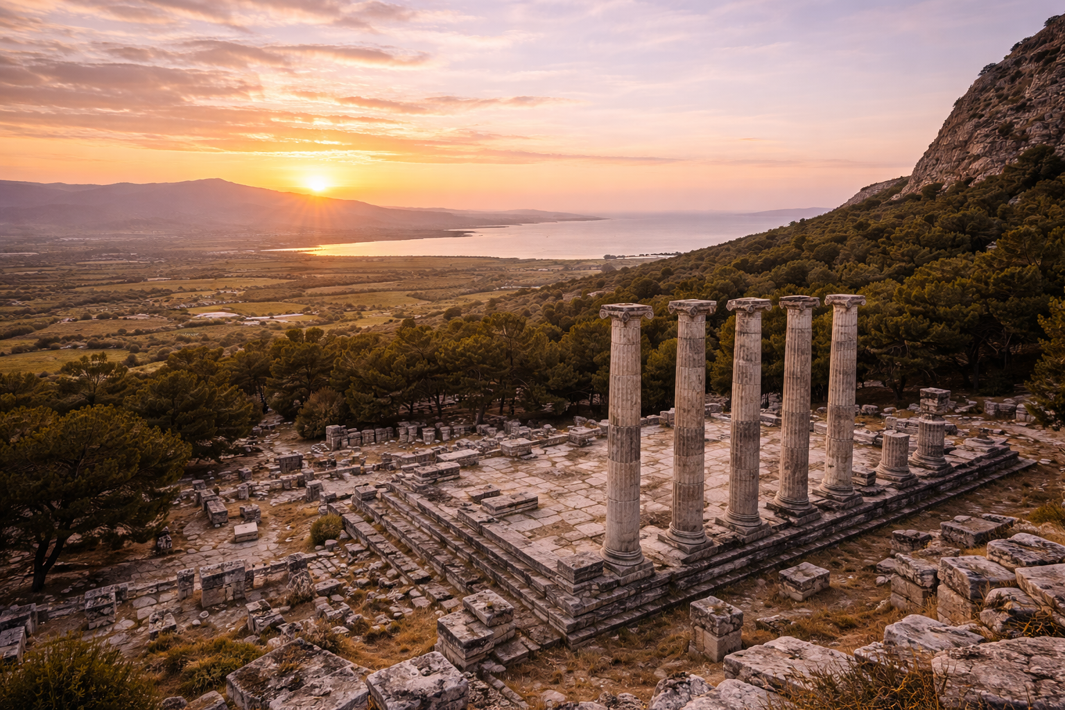 Aydın Söke Priene Antik Kenti Athena Tapınağı ve manzara görünümü