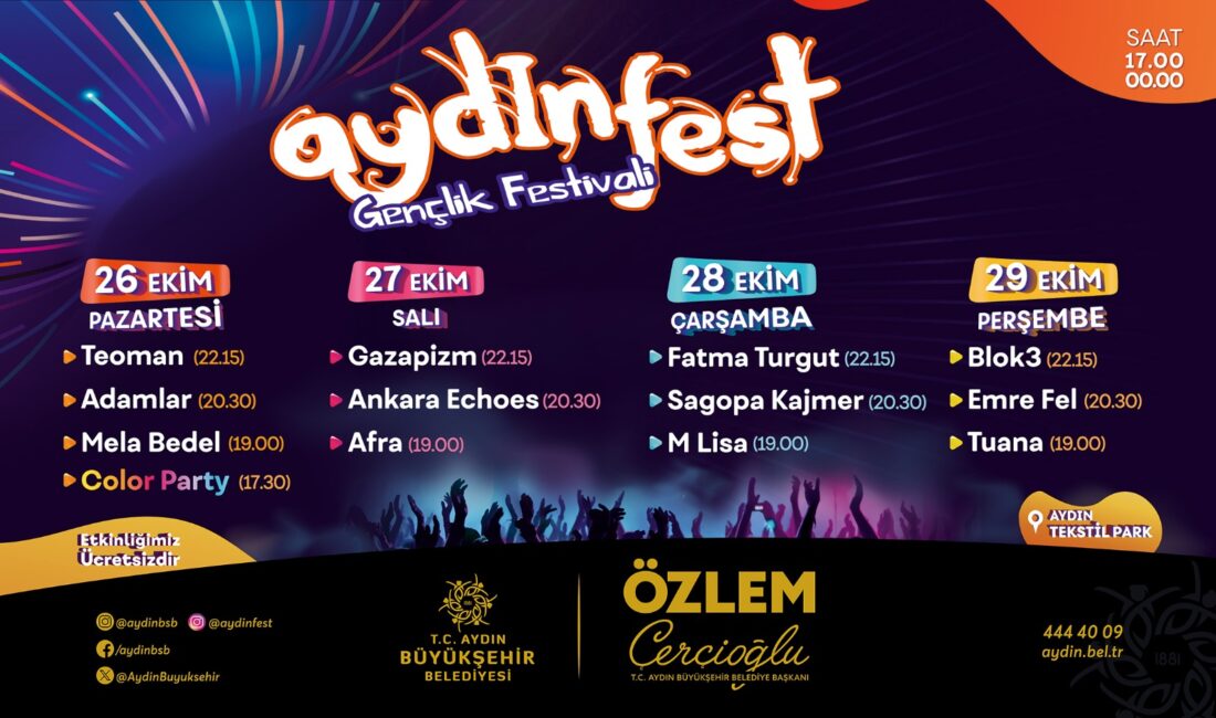AYDINFEST İÇİN GERİ SAYIM BAŞLADI: 4 GÜN BOYUNCA ÜCRETSİZ KONSER! Aydın Büyükşehir Belediyesi tarafından bu yıl 6’ncı kez düzenlenecek Aydınfest